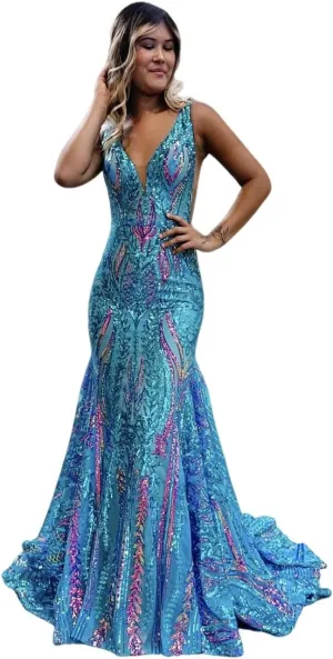 RSOETOO Women's Sequin Prom Dress 2025 Long Bodycon Formal Dresses for Teens V Neck Ball Gowns RO143