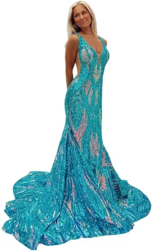 RSOETOO Women's Sequin Prom Dress 2025 Long Bodycon Formal Dresses for Teens V Neck Ball Gowns RO143
