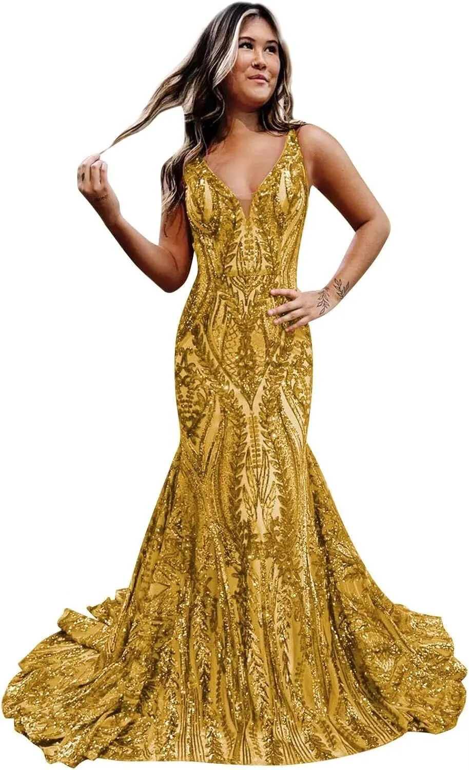 RSOETOO Women's Sequin Prom Dress 2025 Long Bodycon Formal Dresses for Teens V Neck Ball Gowns RO143