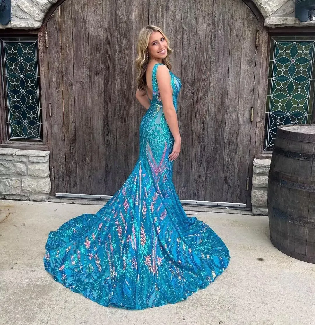 RSOETOO Women's Sequin Prom Dress 2025 Long Bodycon Formal Dresses for Teens V Neck Ball Gowns RO143