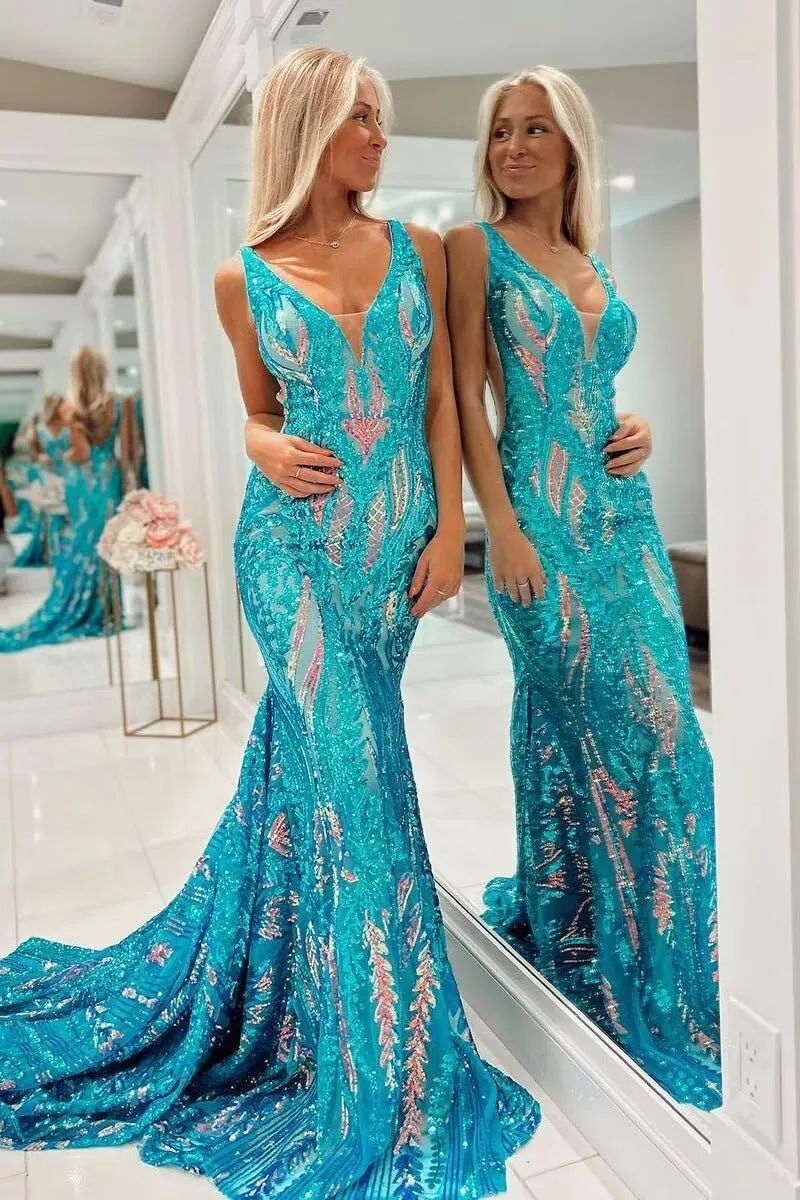 RSOETOO Women's Sequin Prom Dress 2025 Long Bodycon Formal Dresses for Teens V Neck Ball Gowns RO143