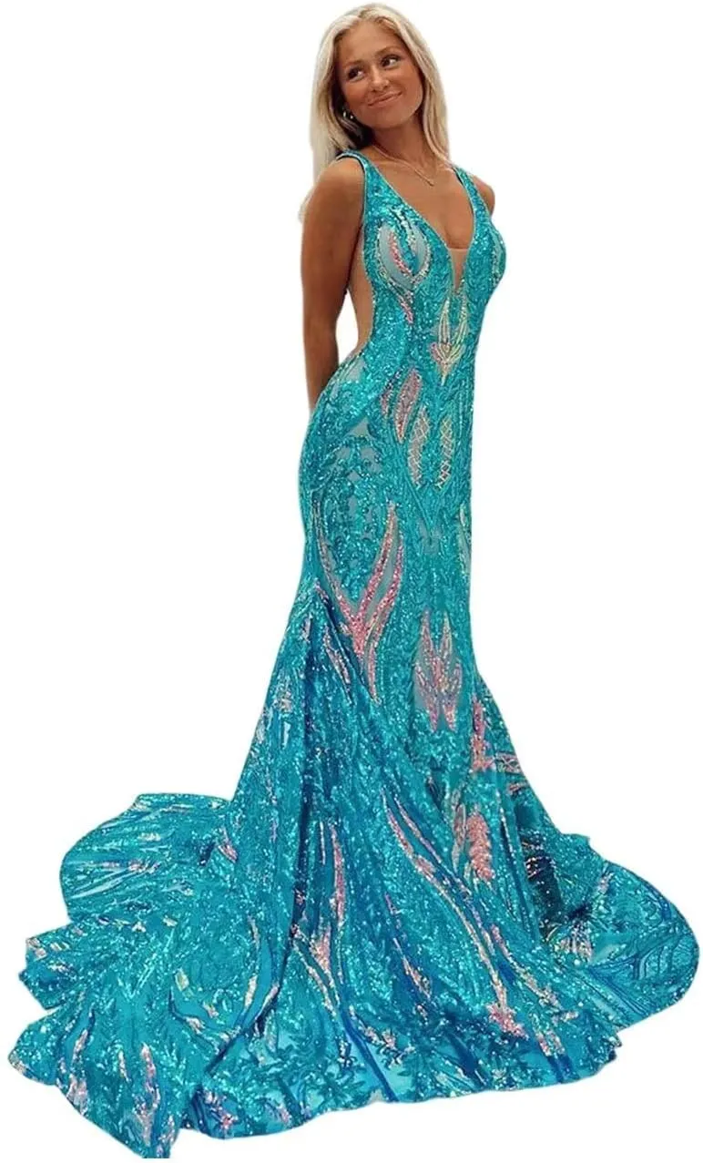 RSOETOO Women's Sequin Prom Dress 2025 Long Bodycon Formal Dresses for Teens V Neck Ball Gowns RO143