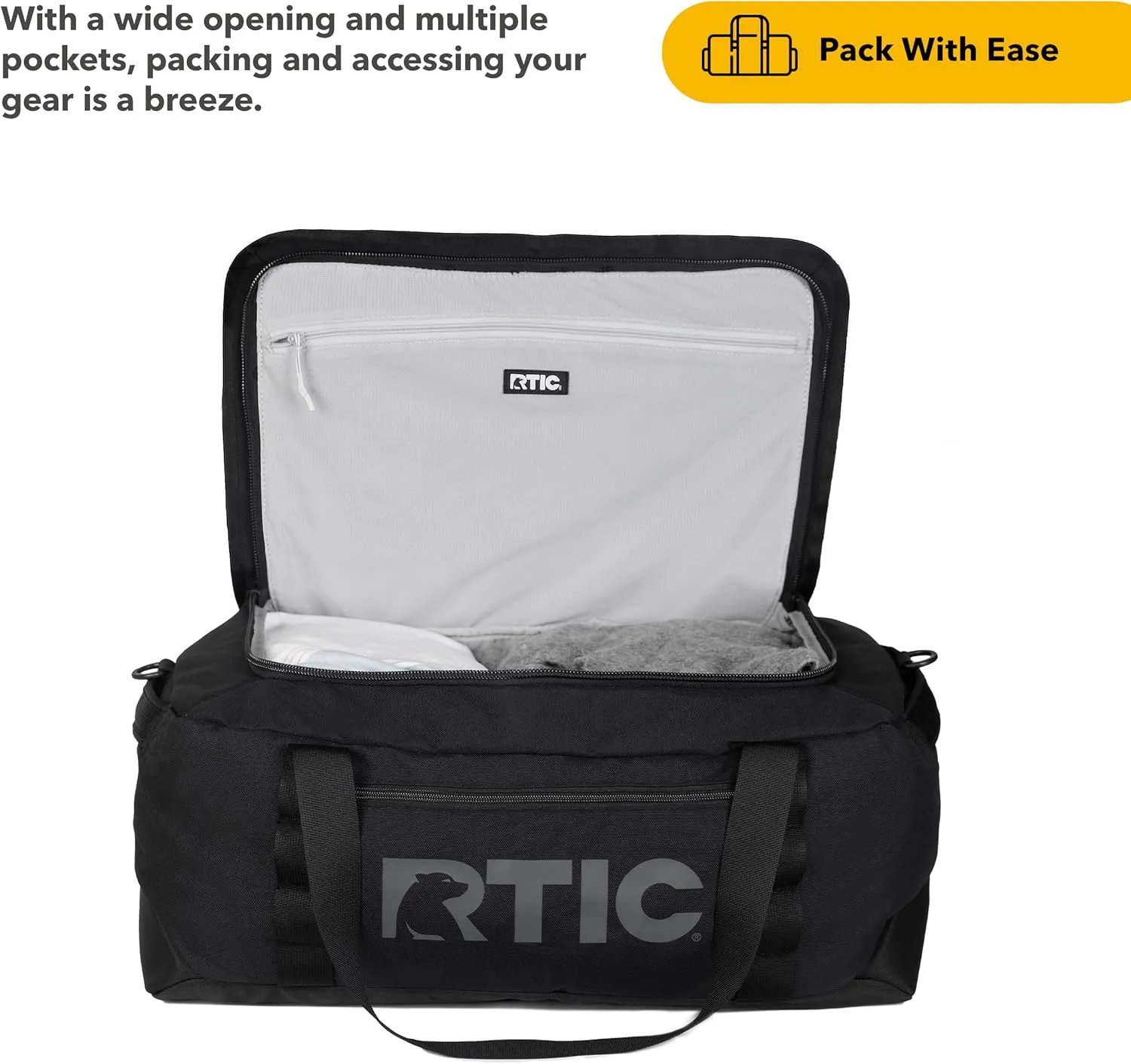 RTIC Road Trip Duffle Bag for Men and Women, Traveling Tote for Camp, Travel, Gym, Weekender, Camping, Overnight, Carry On, Sports, Spacious, Water Resistant, Medium, Black