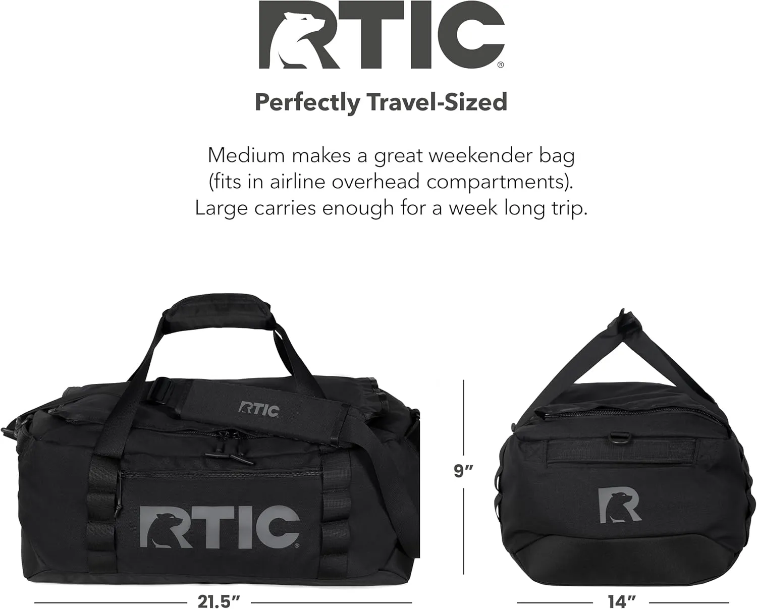RTIC Road Trip Duffle Bag for Men and Women, Traveling Tote for Camp, Travel, Gym, Weekender, Camping, Overnight, Carry On, Sports, Spacious, Water Resistant, Medium, Black