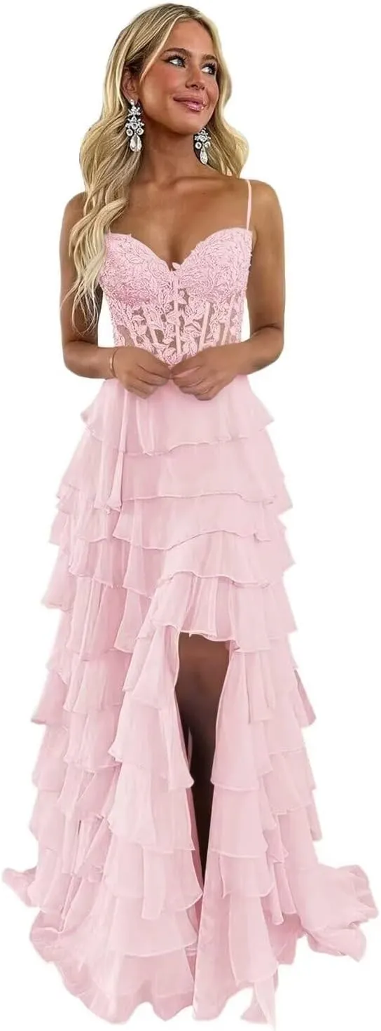 Ruffle Tiered Prom Dress for Women Chiffon Layered Lace Corset Evening Party Gowns with Slit