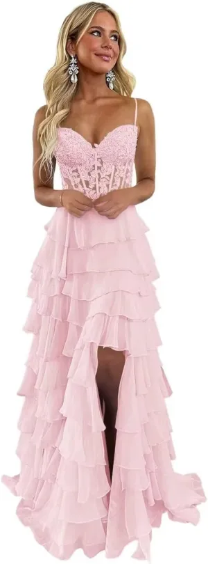 Ruffle Tiered Prom Dress for Women Chiffon Layered Lace Corset Evening Party Gowns with Slit