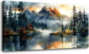 Rustic Mountain Cabin Large Wall Art,Lake Sunset Landscape Canvas Print,Watercolor Nature Forest Painting for Living Room Bedroom Decor,Ready to Hang,29 x 58 Inches