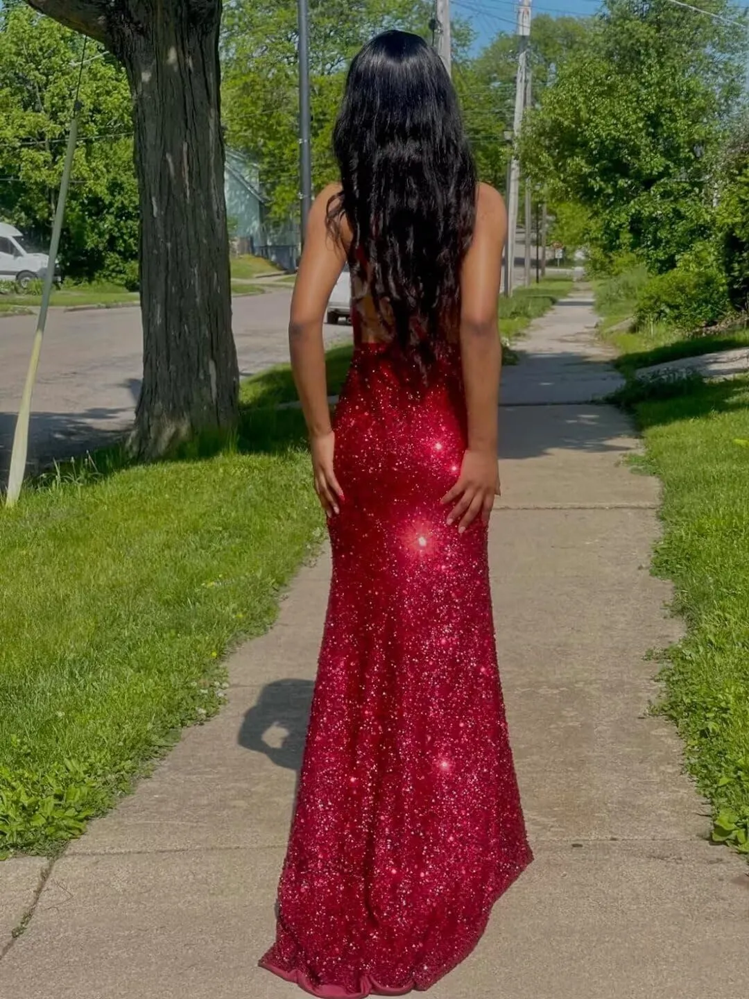 RYANTH Sparkly Sequin Long Prom Dresses for Women 2025 Mermaid V Neck Corset Formal Evening Gowns with Slit RPM82