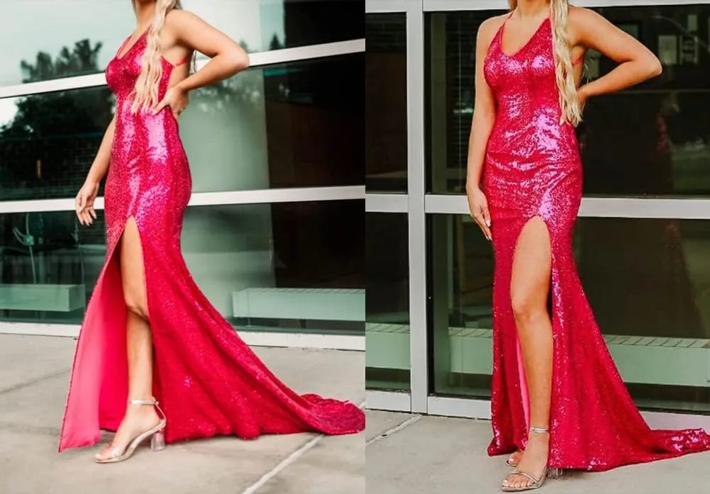 RYANTH Sparkly Sequin Long Prom Dresses for Women 2025 Mermaid V Neck Corset Formal Evening Gowns with Slit RPM82