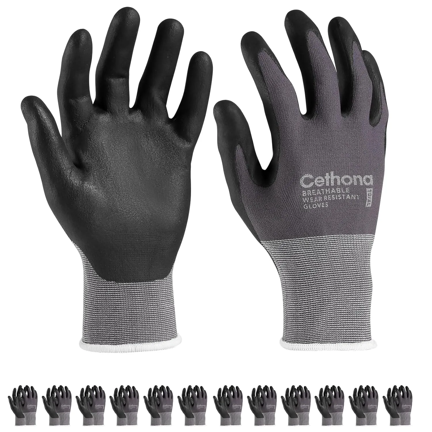 Safety Work Gloves MicroFoam Nitrile Coated - 12 Pairs, Breathable Seamless Knit Nylon Work Gloves for Men Women (Large，gray)