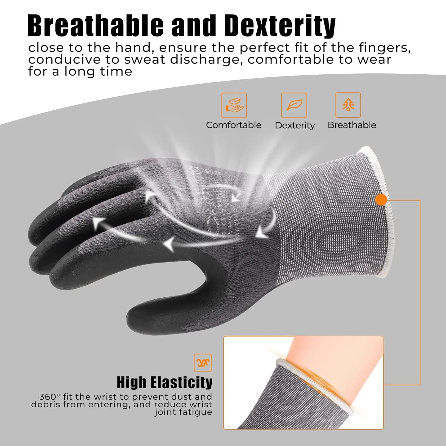 Safety Work Gloves MicroFoam Nitrile Coated - 12 Pairs, Breathable Seamless Knit Nylon Work Gloves for Men Women (Large，gray)