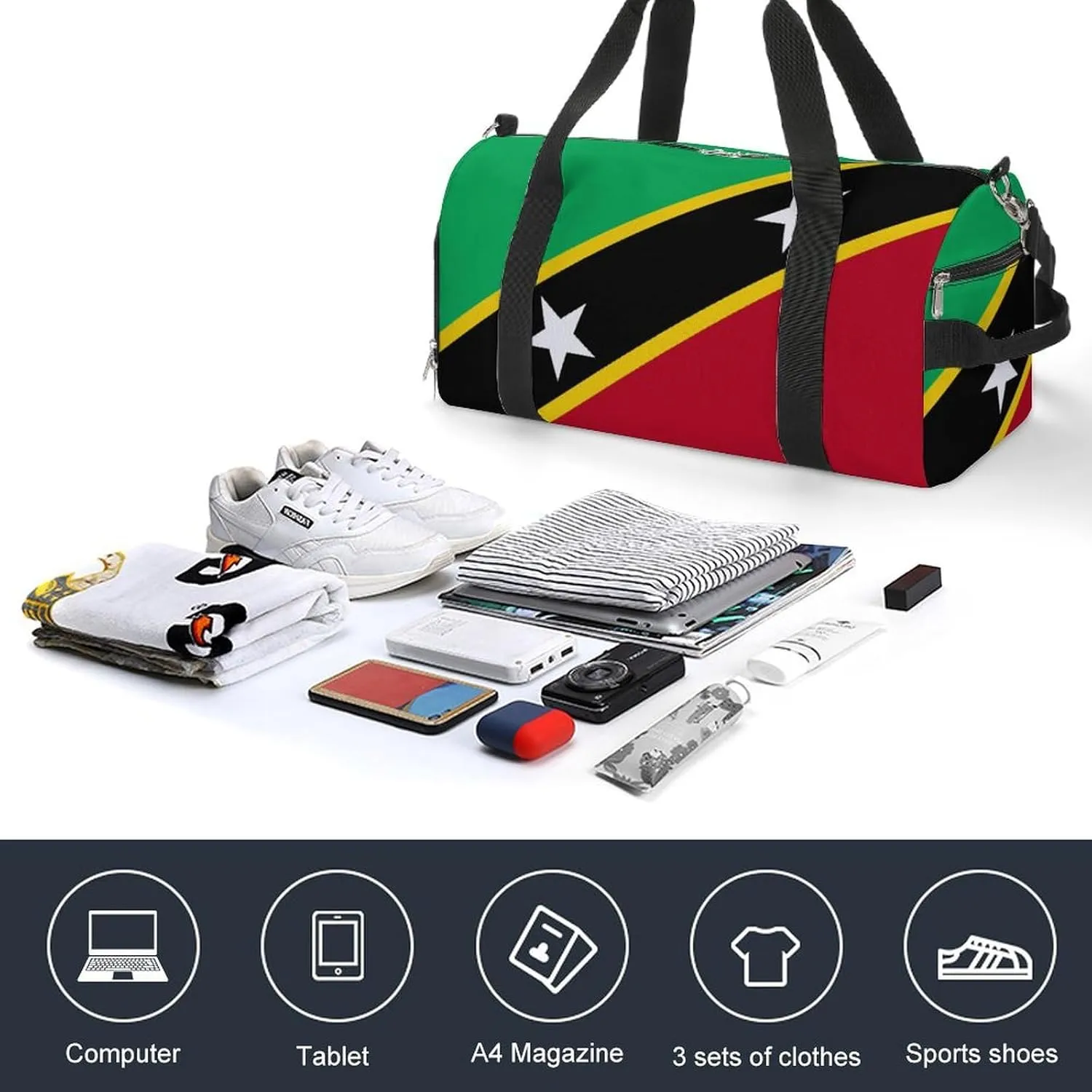 Saint Kitts Flag Gym Duffel Bag for Men Women Shoe Compartment Waterproof Lightweight Weekender