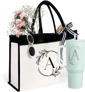 SANDJEST Stainless Steel Tumbler 40oz with Handle Initial A and Canvas Tote Bag