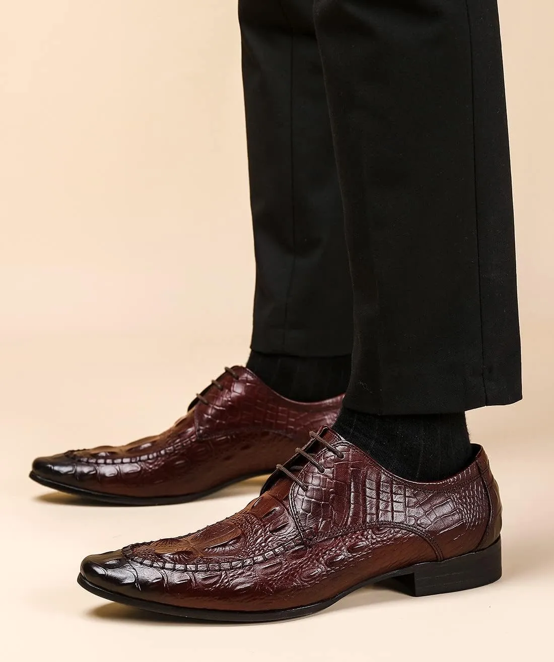 Santimon Men's Oxfords Formal Dress Classic Lace-up Wingtip Crocodile Texture Derby Genuine Leather Fashion Comfortable Shoes Buinsess Casual Prom Wedding Tuxedo Shoes for Men