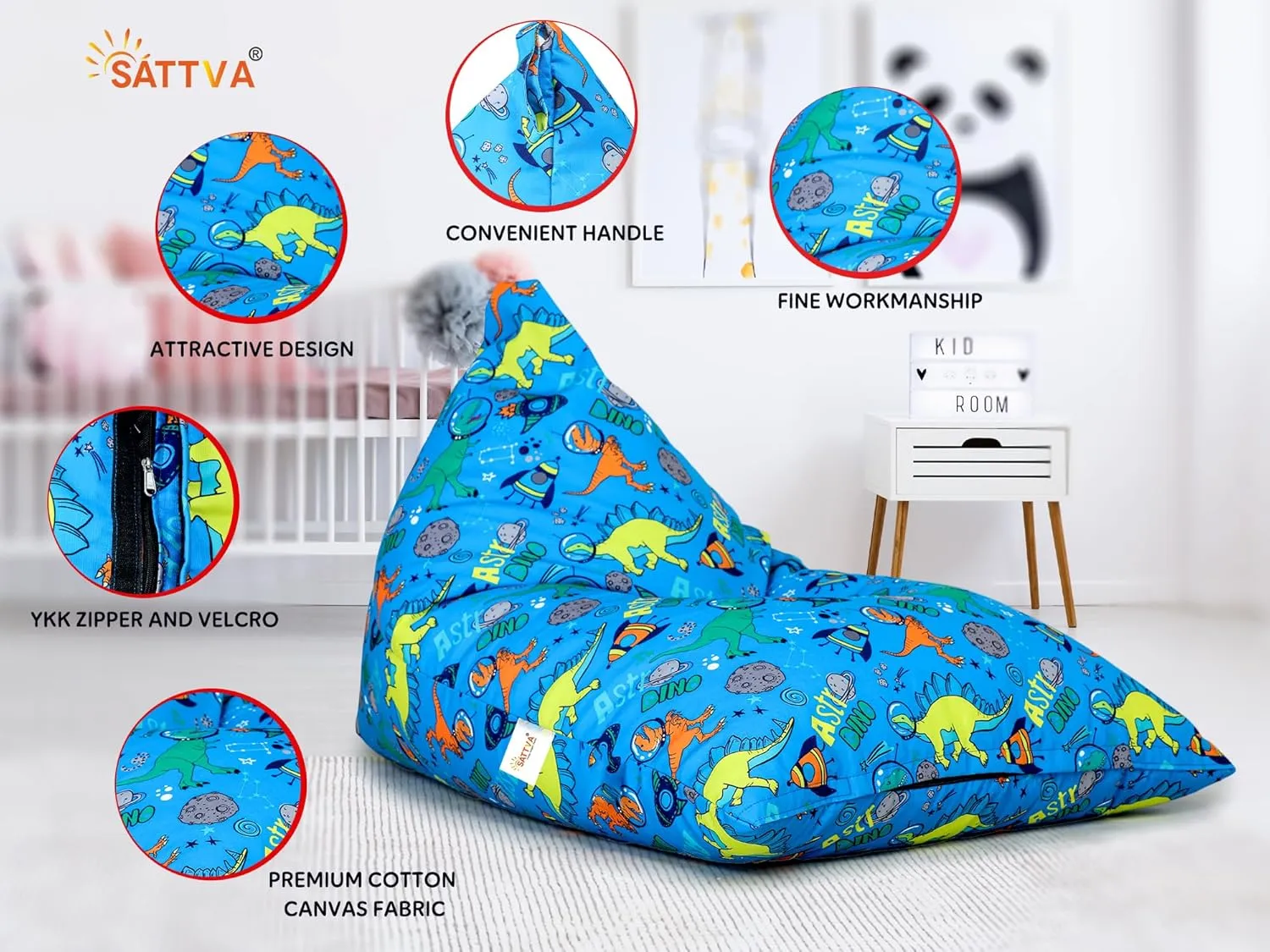 SATTVA Kids Triangle Canvas Bean Bag Cover (No Filling) Organize Stuffed Animal Storage, Beans, Toys Ultra Soft Zipper Bean Bag Chairs for Teens & Adults_Blue Dino Print