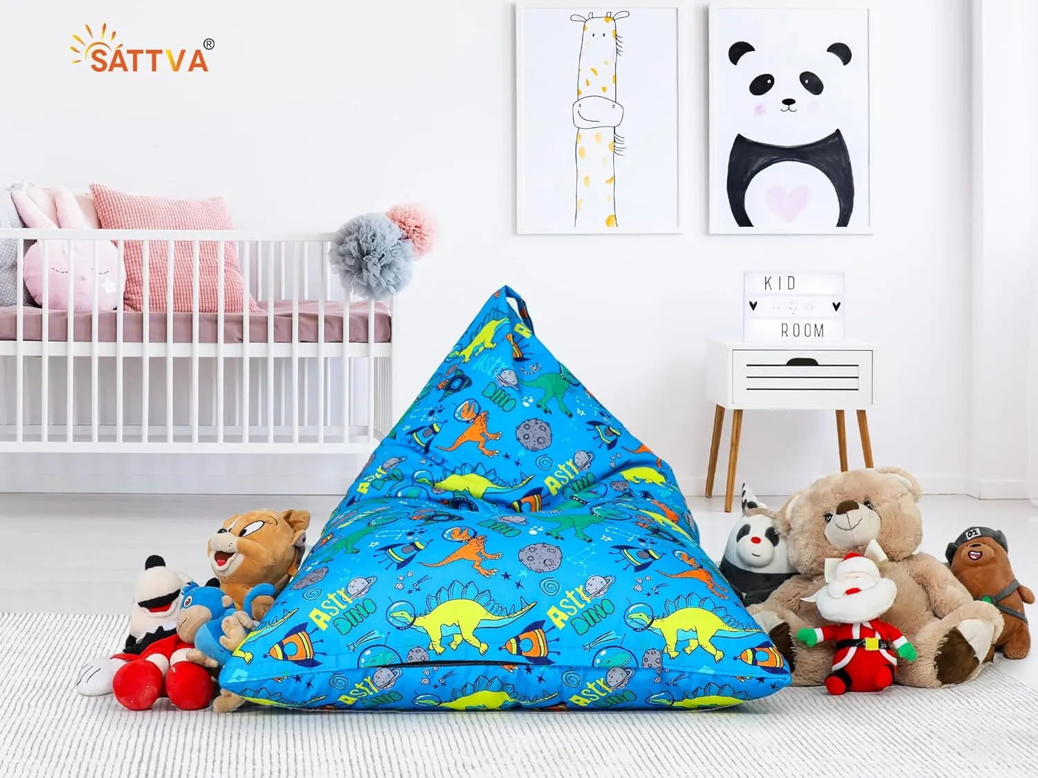 SATTVA Kids Triangle Canvas Bean Bag Cover (No Filling) Organize Stuffed Animal Storage, Beans, Toys Ultra Soft Zipper Bean Bag Chairs for Teens & Adults_Blue Dino Print