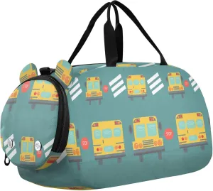 School Bus Cute Pattern Sports Duffle Bag for Girls Boys, Gym Bag with Shoe Compartment, Kids Travel Overnight Weekender Shoulder Bag