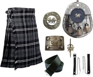 Scottish Heritage Kilt Set Grey Hamilton Kilt Welsh Dragon Head Sporran, Chain, Belt, Buckle, Brooch & Pin