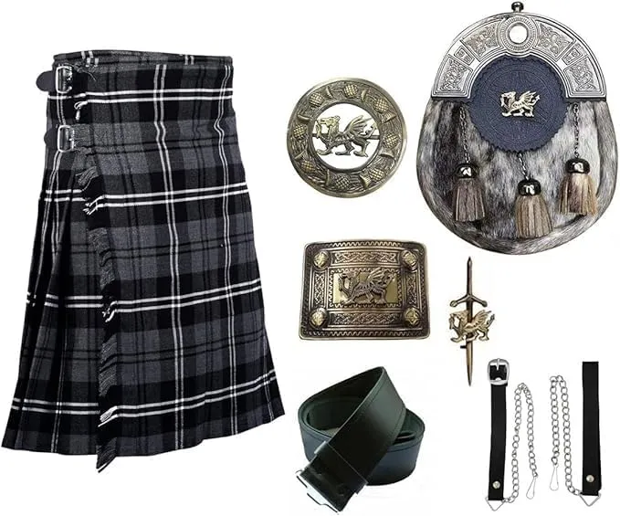 Scottish Heritage Kilt Set Grey Hamilton Kilt Welsh Dragon Head Sporran, Chain, Belt, Buckle, Brooch & Pin