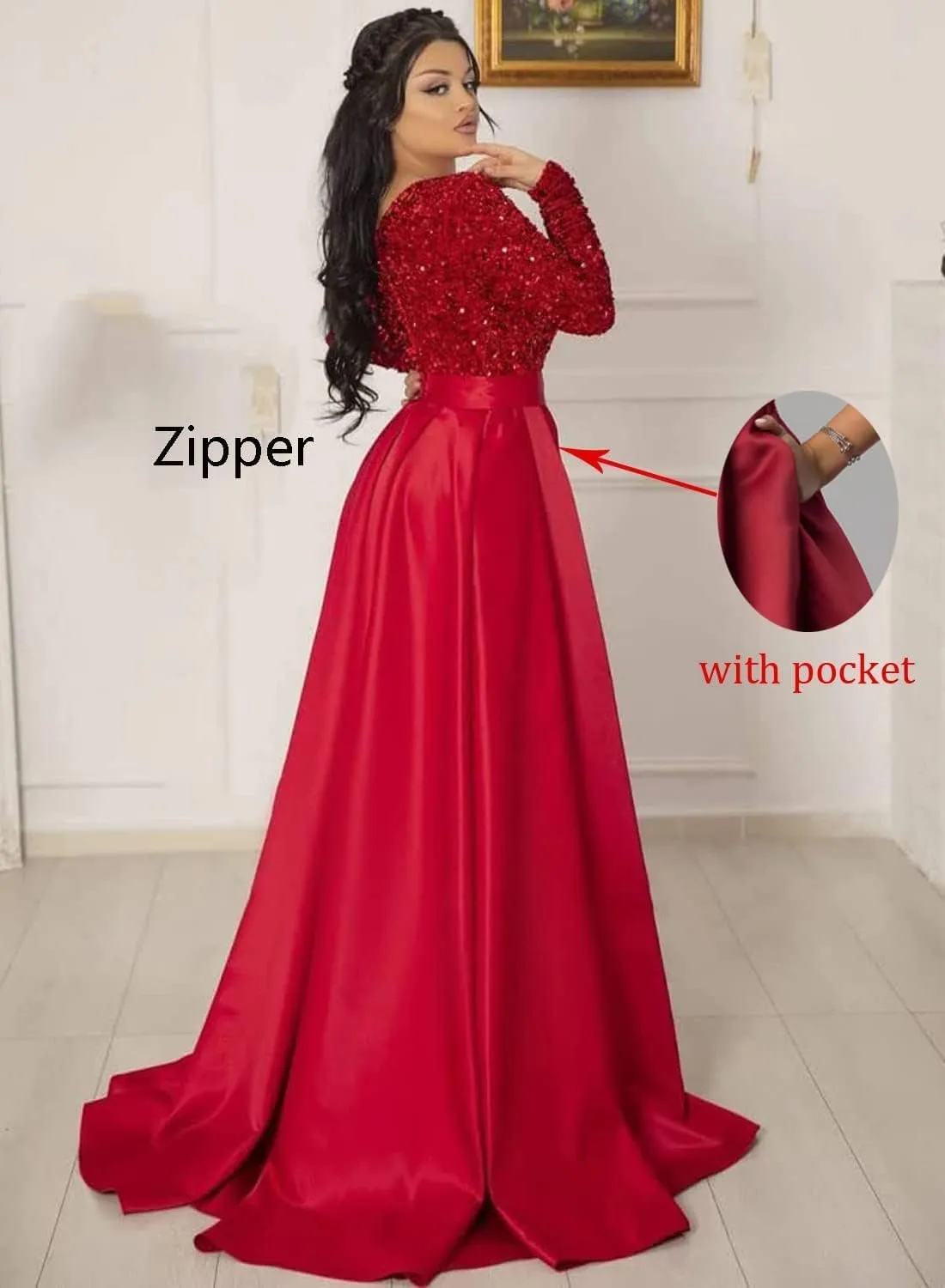 Sequin Ball Gowns Long Sleeve Prom Dress V Neck Satin A-Line for Women Formal Evening Dresses with Pockets