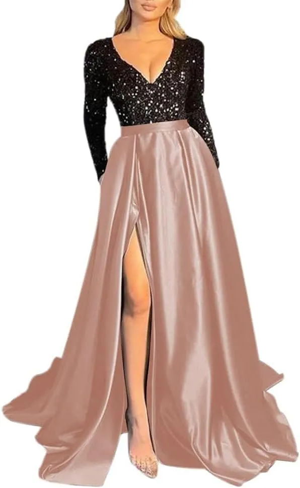 Sequin Ball Gowns Long Sleeve Prom Dress V Neck Satin A-Line for Women Formal Evening Dresses with Pockets