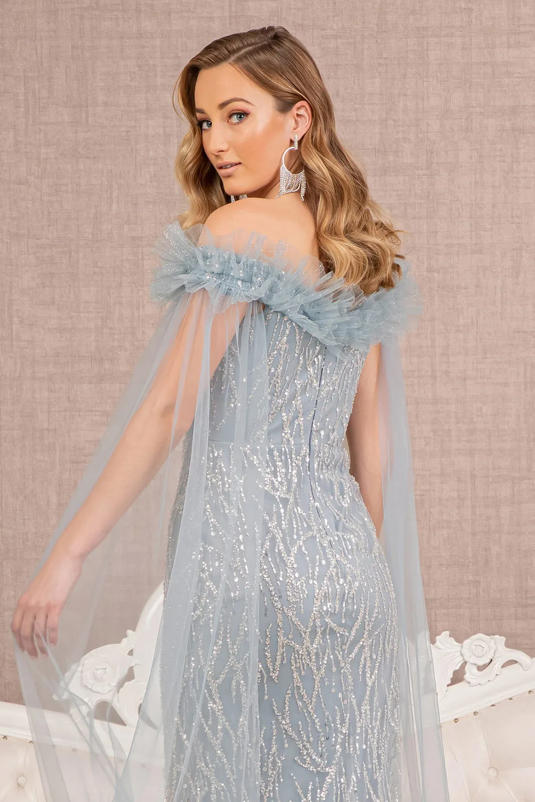 Sequin Bead Strapless Mesh Mermaid w/ Side Long Mesh Layer Long Prom Dress GLGL3120