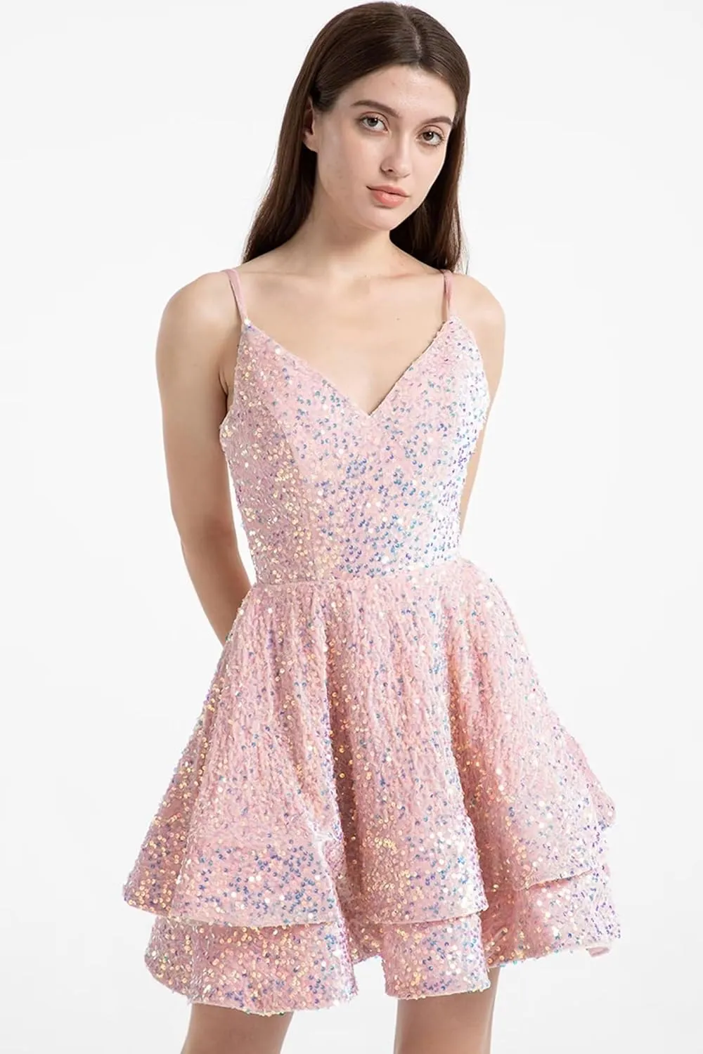Sequin Homecoming Dresses for Teens Short Prom Dress 2025 Sparkly V Neck Formal Cocktail Party Dress