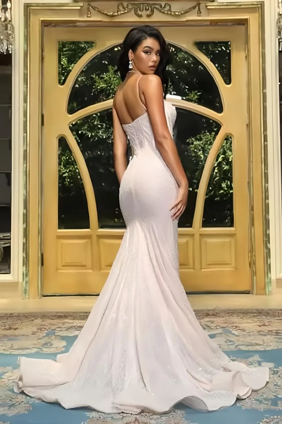Sequin Mermaid Prom Dresses for Women Spaghetti Straps Sparkly Long Evening Party Dresses