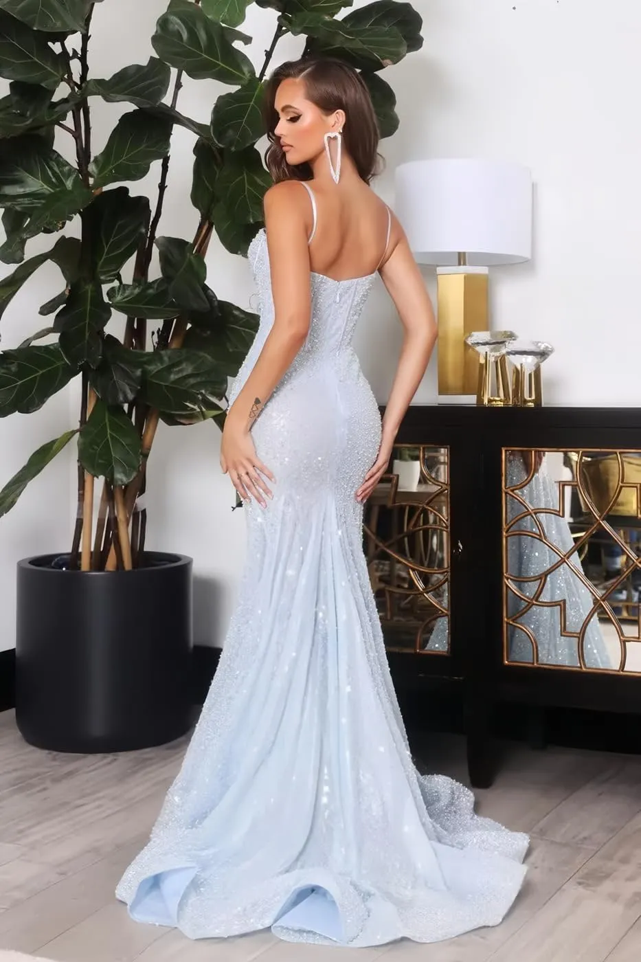 Sequin Mermaid Prom Dresses for Women Spaghetti Straps Sparkly Long Evening Party Dresses