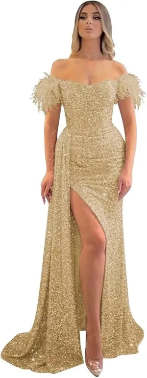 Sequin Off Shoulder Prom Dresses Sparkly Mermaid Formal Dress Feather Long Evening Party Dress with Slit