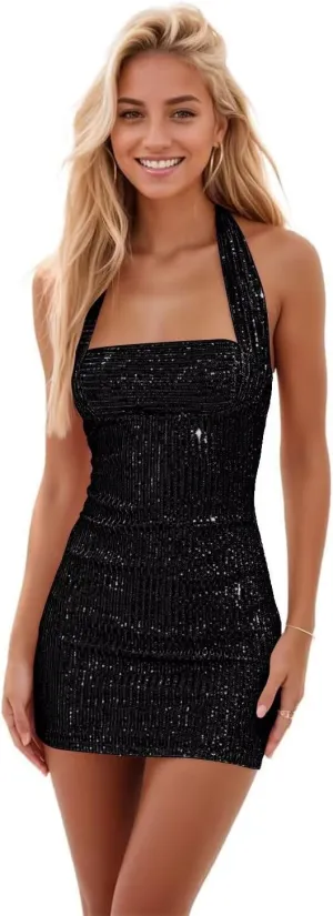 Sequin Sparkly Homecoming Dresses Short for Teens 2025 Halter Open Back Mini Tight Prom Cocktail Party Dress