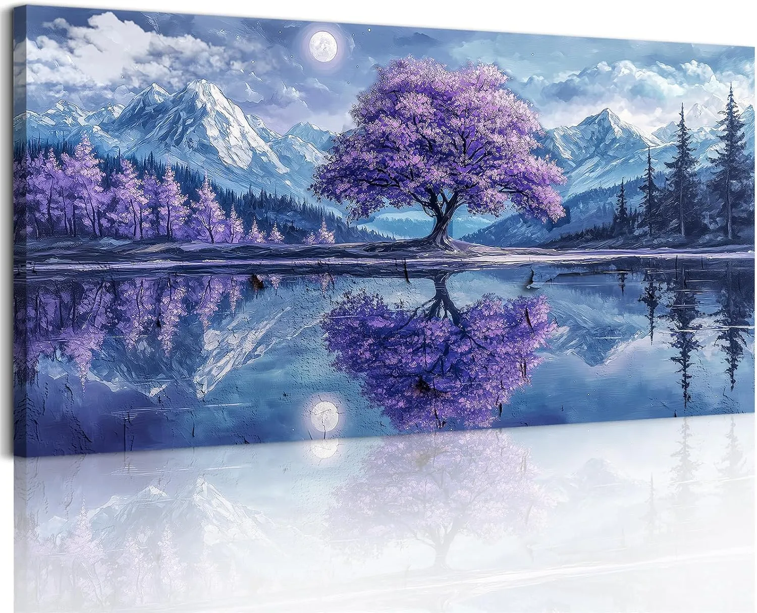 SERIMINO Tree of Life Large Wall Art, Fantasy Landscape Wall Decor, Purple Trees Canvas Painting, Snow Mountain Lake Modern Decor Prints, Moonlit Night Pictures Home Decor Living Room20 X40