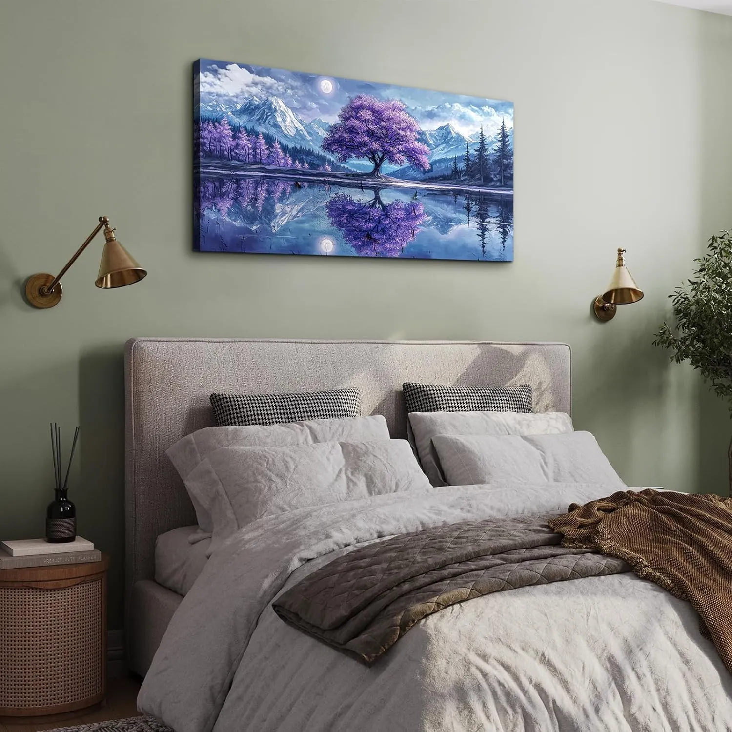 SERIMINO Tree of Life Large Wall Art, Fantasy Landscape Wall Decor, Purple Trees Canvas Painting, Snow Mountain Lake Modern Decor Prints, Moonlit Night Pictures Home Decor Living Room20 X40