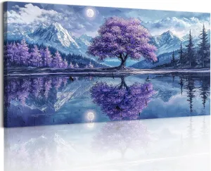 SERIMINO Tree of Life Large Wall Art, Fantasy Landscape Wall Decor, Purple Trees Canvas Painting, Snow Mountain Lake Modern Decor Prints, Moonlit Night Pictures Home Decor Living Room20 X40