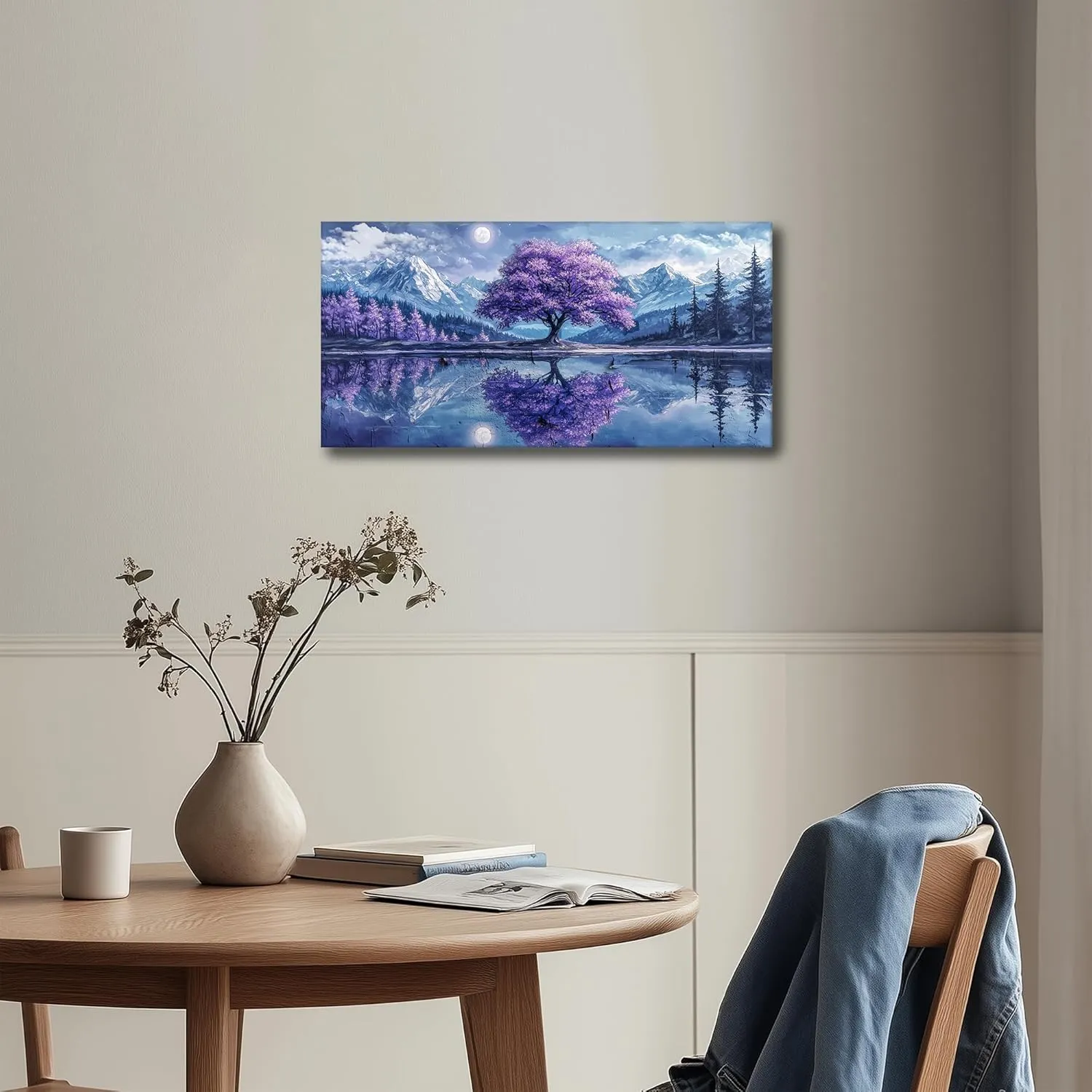 SERIMINO Tree of Life Large Wall Art, Fantasy Landscape Wall Decor, Purple Trees Canvas Painting, Snow Mountain Lake Modern Decor Prints, Moonlit Night Pictures Home Decor Living Room20 X40