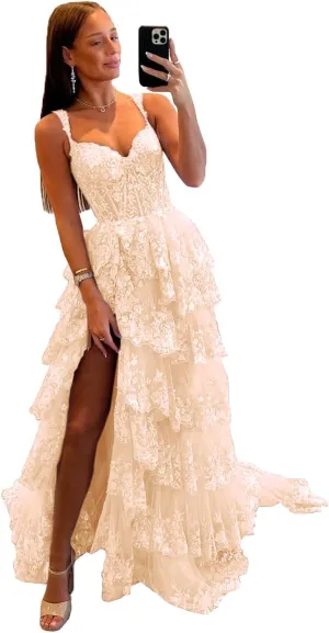 Sevintage Spaghetti Straps Lace Tulle Tiered Prom Dress Long Slit Sparkly Corset Formal Evening Party Gowns