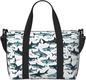 Shark Pattern with Various Gestures Print Tote Crossbody Travel Bag with Zip Casual Handbag for Weekend Trips and Gym Shopping, Black, One Size, Travel Tote