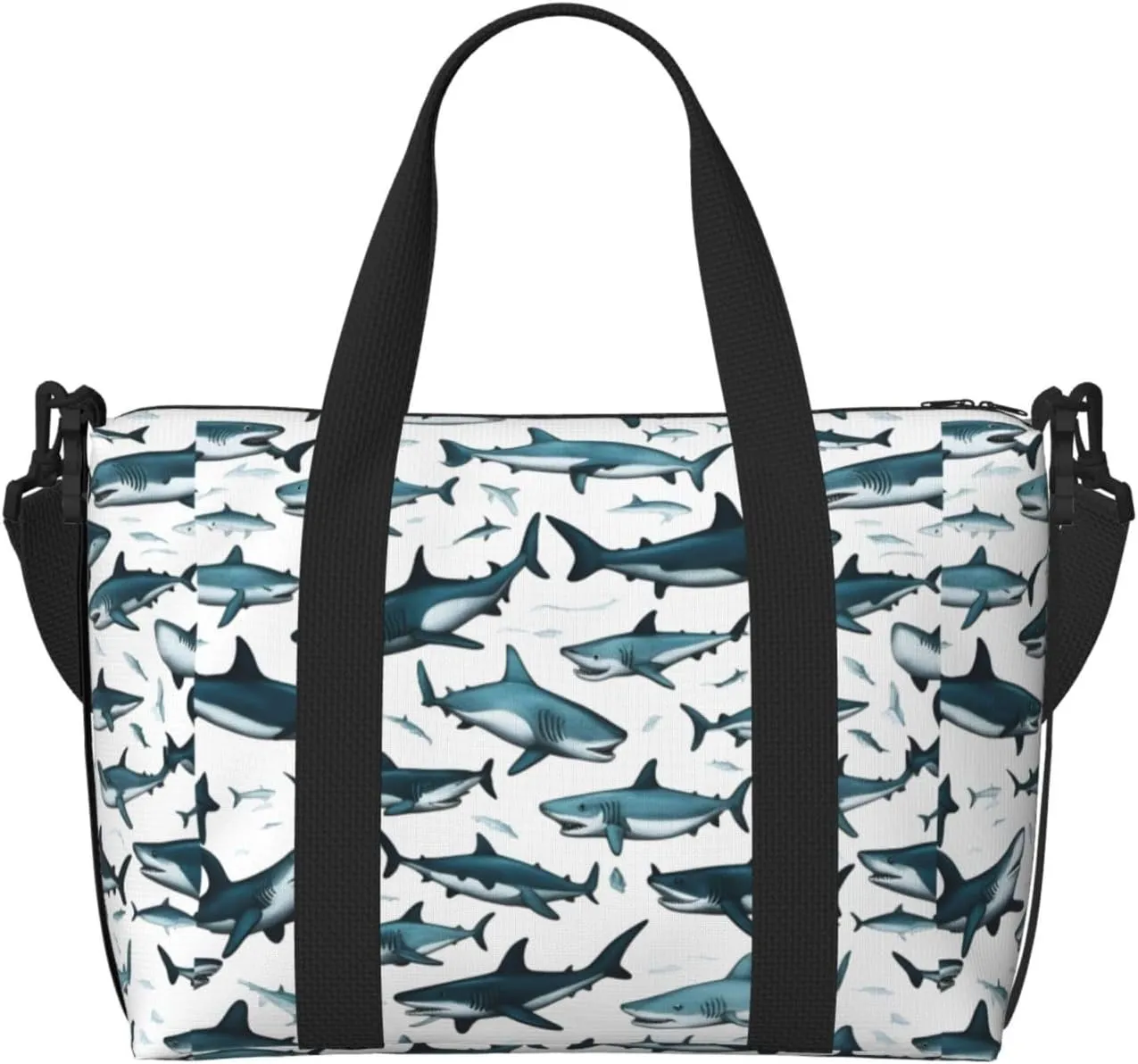 Shark Pattern with Various Gestures Print Tote Crossbody Travel Bag with Zip Casual Handbag for Weekend Trips and Gym Shopping, Black, One Size, Travel Tote