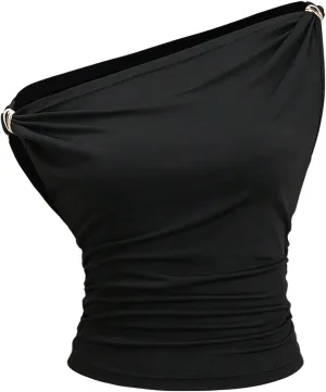 SHENHE Women's Elegant Ruched Tank Top Asymmetrical Neck Sleeveless Slim Fitted Summer Shirts