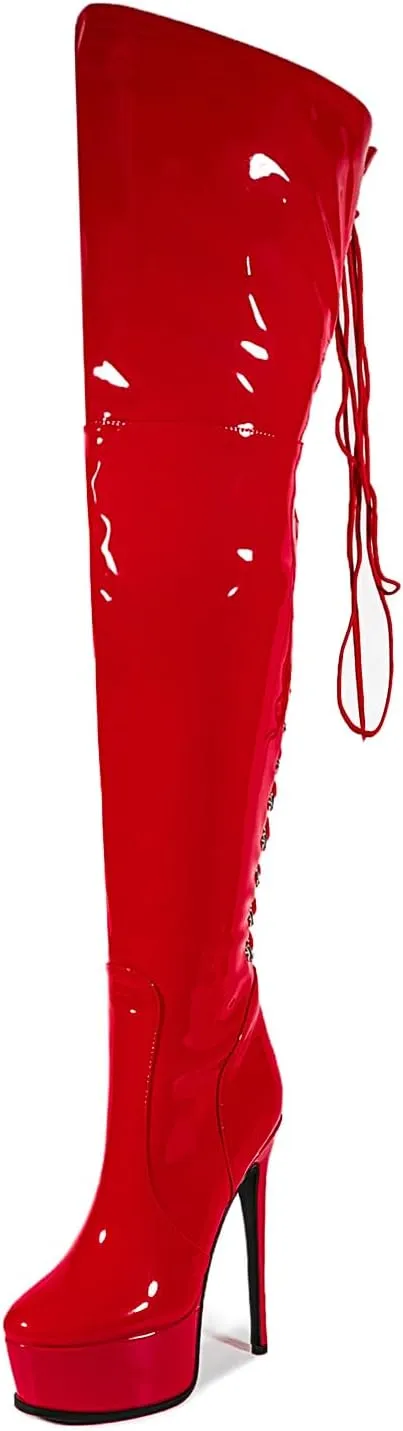 Shiny leather Thigh high boots Stiletto heels Platform Over the knee Round toe back zipper Sexy Front zipper Strappy high heel Cosplay Custume unisex boots for Women