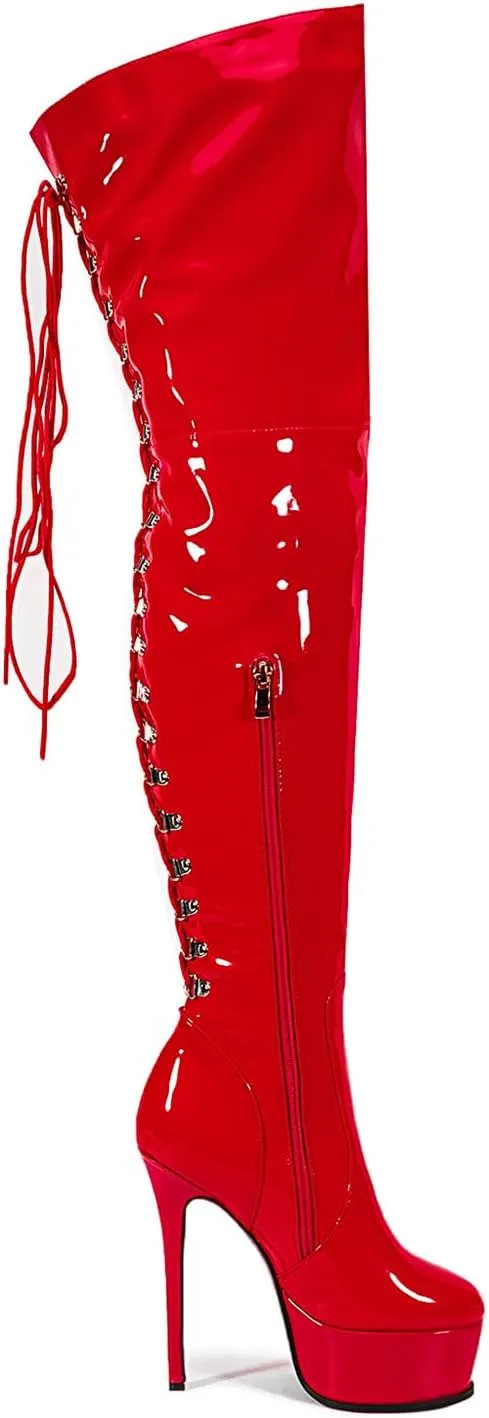 Shiny leather Thigh high boots Stiletto heels Platform Over the knee Round toe back zipper Sexy Front zipper Strappy high heel Cosplay Custume unisex boots for Women