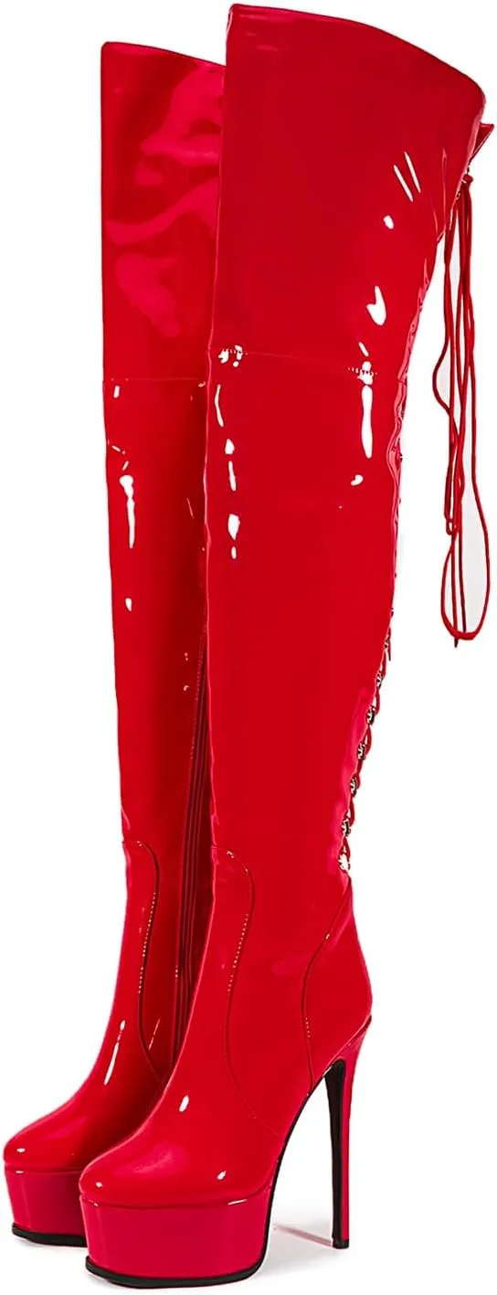 Shiny leather Thigh high boots Stiletto heels Platform Over the knee Round toe back zipper Sexy Front zipper Strappy high heel Cosplay Custume unisex boots for Women