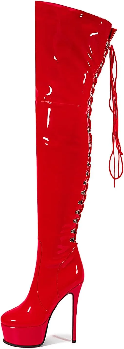 Shiny leather Thigh high boots Stiletto heels Platform Over the knee Round toe back zipper Sexy Front zipper Strappy high heel Cosplay Custume unisex boots for Women