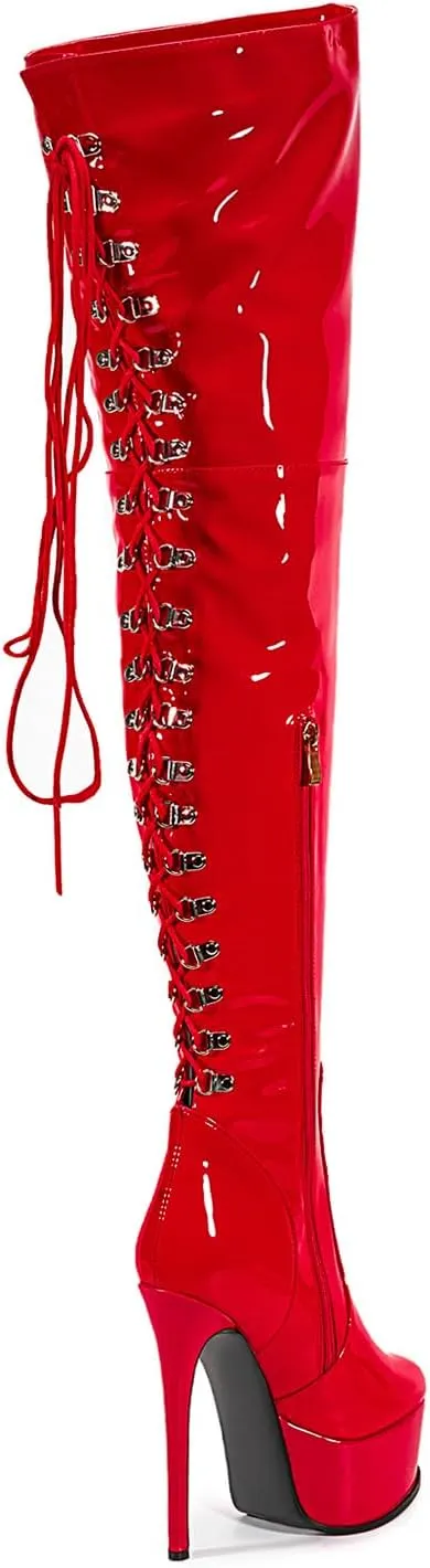 Shiny leather Thigh high boots Stiletto heels Platform Over the knee Round toe back zipper Sexy Front zipper Strappy high heel Cosplay Custume unisex boots for Women