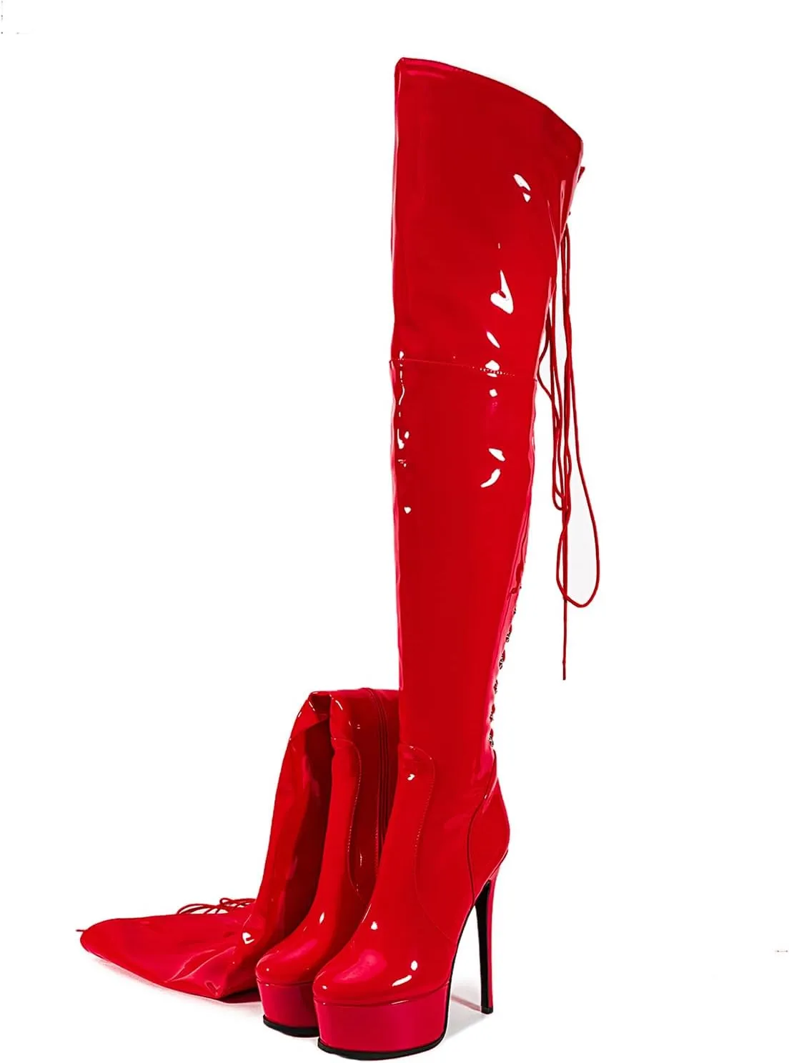 Shiny leather Thigh high boots Stiletto heels Platform Over the knee Round toe back zipper Sexy Front zipper Strappy high heel Cosplay Custume unisex boots for Women