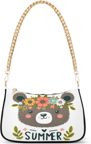 Shoulder Bags for Women Hand Drawn Vector Illustration Of A Cute Bear Face in A Flower Crown Hobo Tote Handbag Small Clutch Purse with Zipper Closure