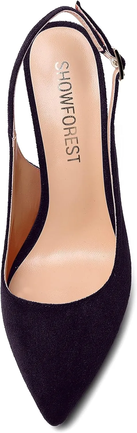 SHOWFOREST Womens Dating Slingback Buckle Dress Solid Pointed Toe Suede Stiletto High Heel Pumps Shoes 4 Inch