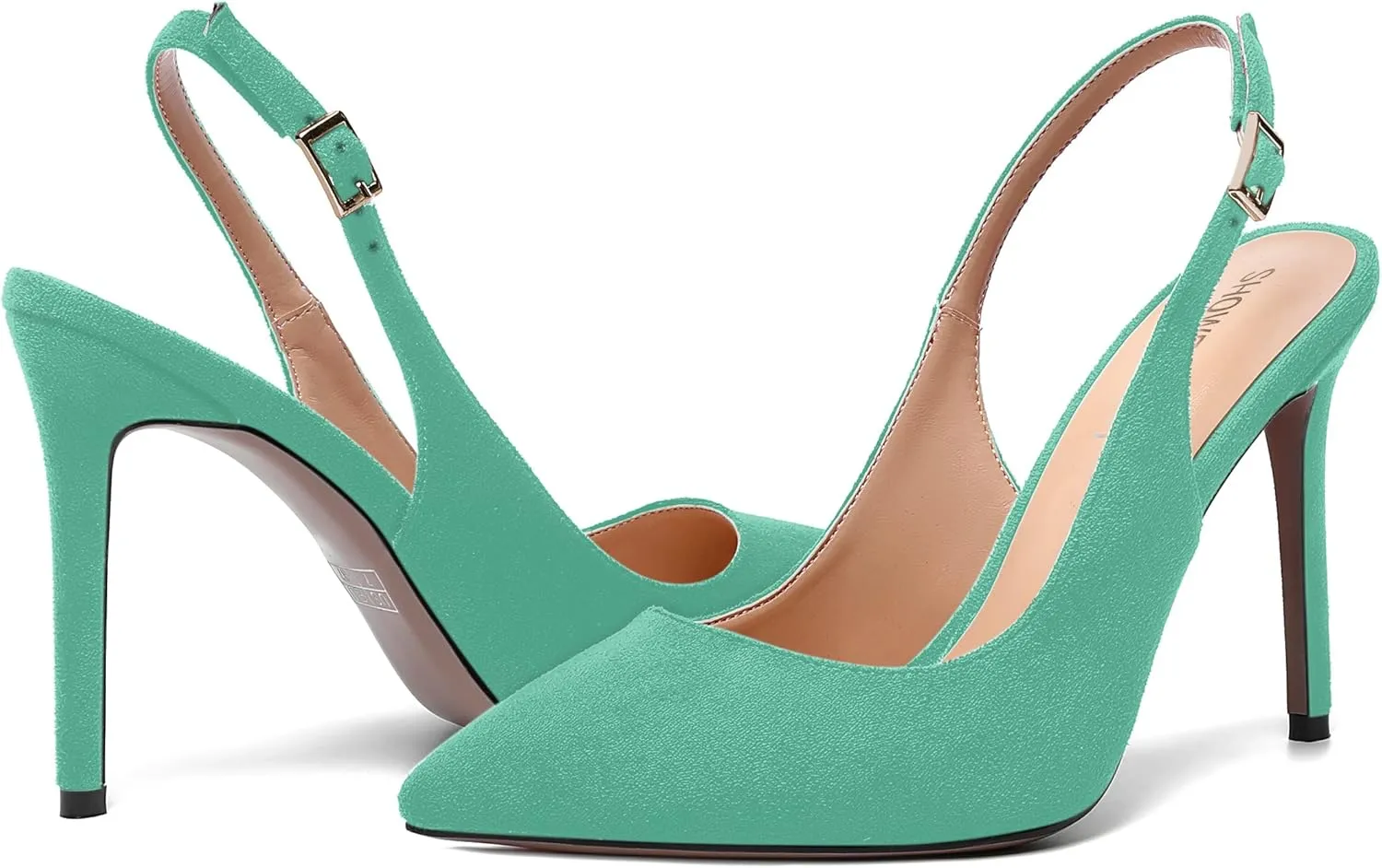 SHOWFOREST Womens Dating Slingback Buckle Dress Solid Pointed Toe Suede Stiletto High Heel Pumps Shoes 4 Inch