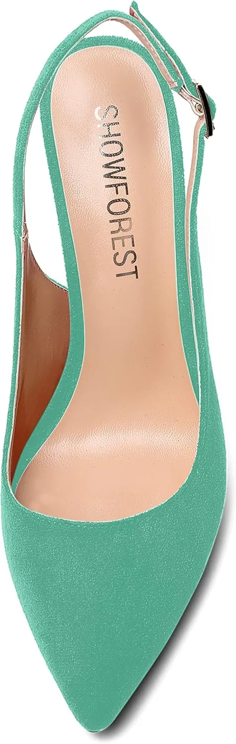 SHOWFOREST Womens Dating Slingback Buckle Dress Solid Pointed Toe Suede Stiletto High Heel Pumps Shoes 4 Inch