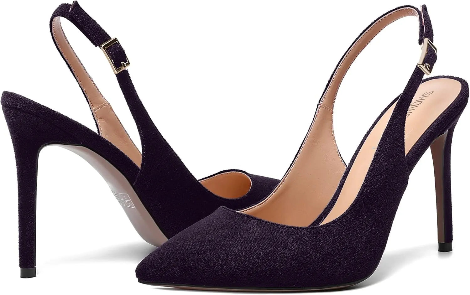 SHOWFOREST Womens Dating Slingback Buckle Dress Solid Pointed Toe Suede Stiletto High Heel Pumps Shoes 4 Inch